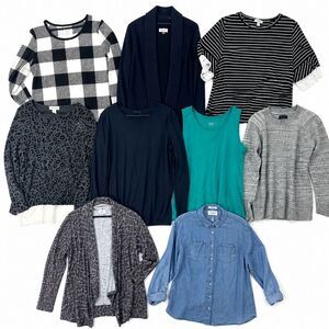 Lot of 9 Womens Shirts Mixed Brand Tank Sweater Open Cardigan Chambray L 1139H